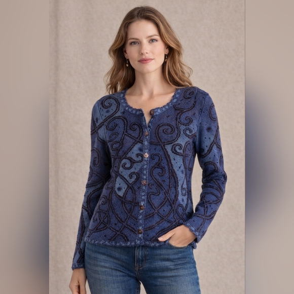 Peruvian Connection Sweaters - Peruvian Connection Blue Pima Cotton Knit Cardigan Sweater – Medium
